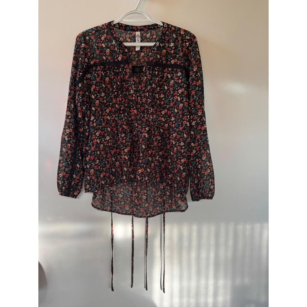 American Rag Women Floral Sheer Blouse Lace Trim High Low Top Black L SPR17